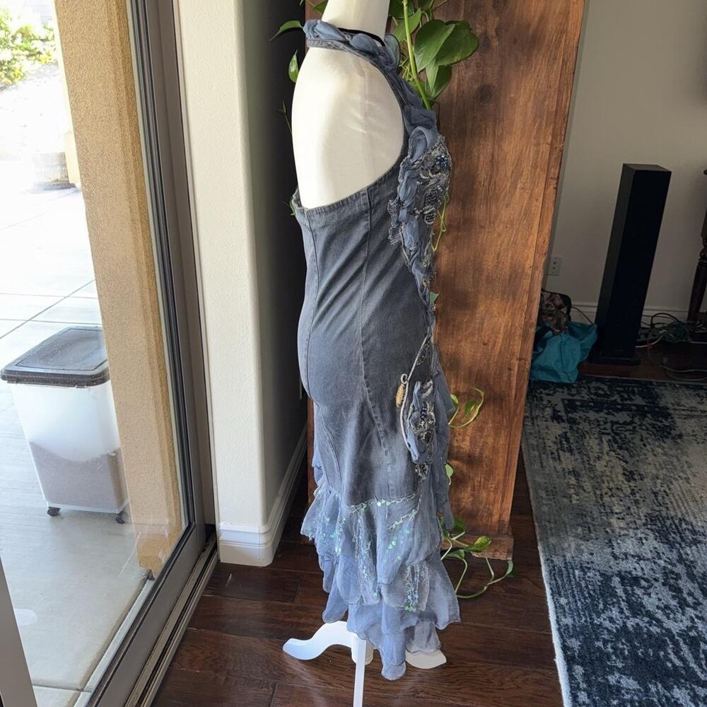 fairy 90s iridescent lace trimmed beaded floral embroidered denim halter dress - Picture 6 of 8